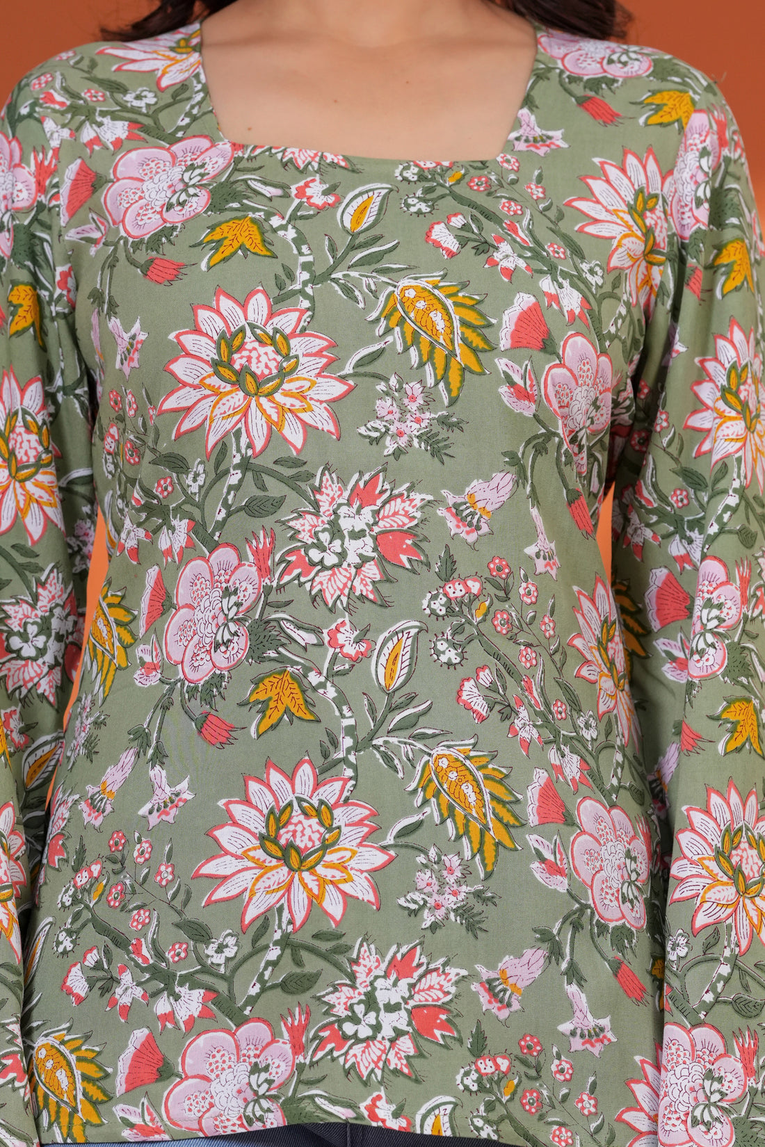 Olive Green Floral Printed Short Kurti for Women