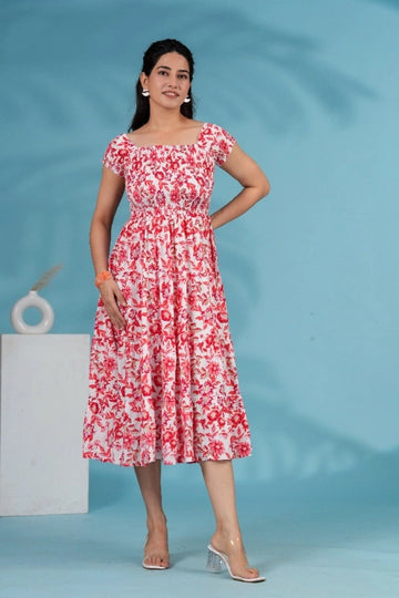 Awari Red Floral Midi Dress for Women