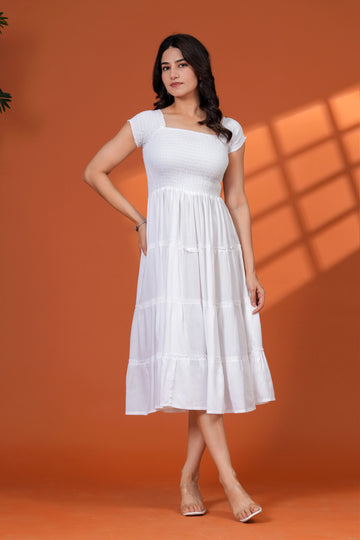 Awari White Flared Midi Dress for Women