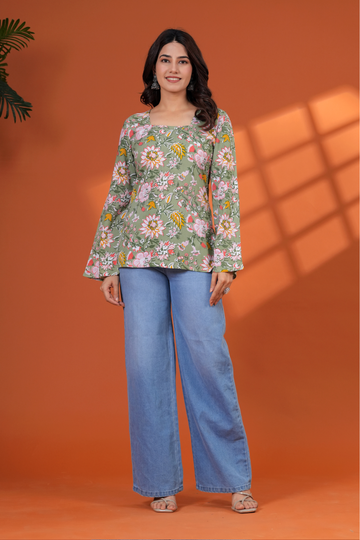Olive Green Floral Printed Short Kurti for Women