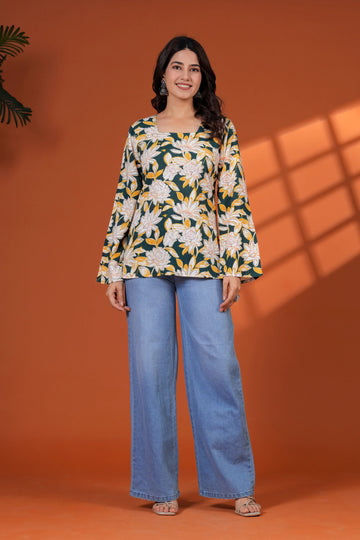 Women Green Floral Printed Short Kurti