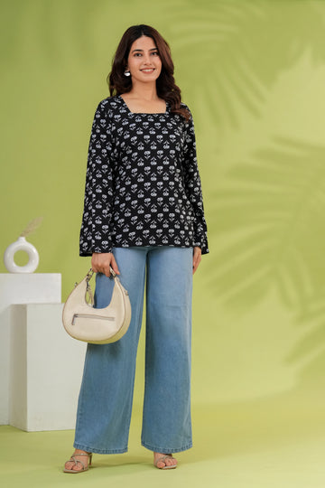 Women Black Printed Short Kurti