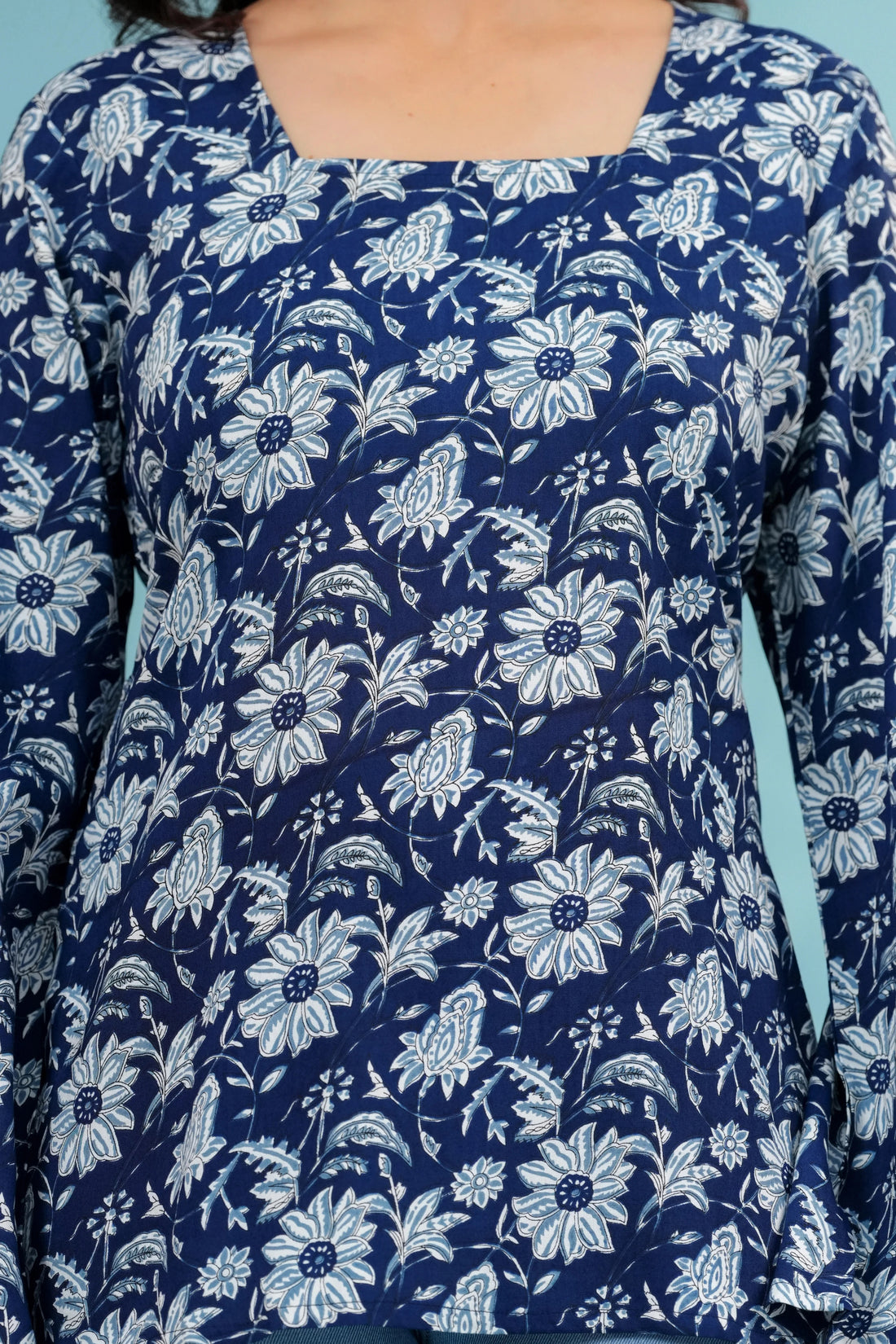 Women Navy Blue Floral Printed Short Kurti