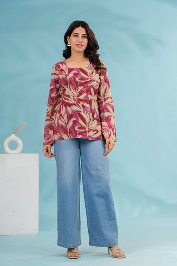 Women Maroon Floral Printed Short Kurti